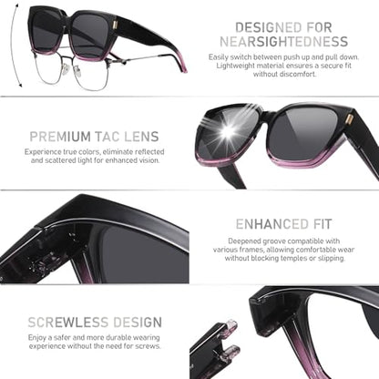 HAOLOTA Polarized Fit Over Glasses Sunglasses for Women Men Trendy Square Wrap Around Shades UV Protection - color: L Size 12 Black-purple/Grey