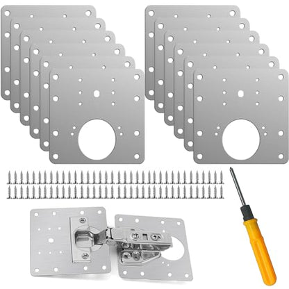 12 Pcs Hinge Repair Plate, Stainless Steel Cabinet Hinge Repair Plate Kit Hinge Repair Brackets with Screws and Mounting Tools for Protecting Wooden Kitchen Cabinet Doors Window