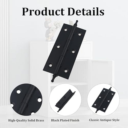 3.5 Inch Antique Style Solid Brass Butt Hinges with Ball Finials, Black Plated Butt Hinges with for Furniture Cabinet Drawer Door, 2PCS - size: 3.5 Inch