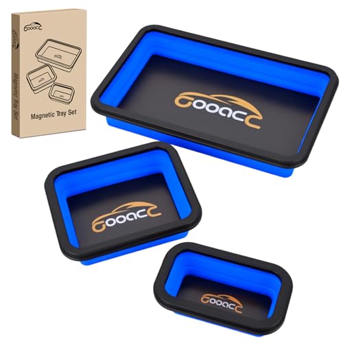 GOOACC 3 Sizes Collapsible Magnetic Parts Tray Set Blue Silicone Foldable Tool Trays Organizer for Screws Bolts Nuts Pins Washers and Other Small Metal Parts Double Sided Magnet Base - color: Blue