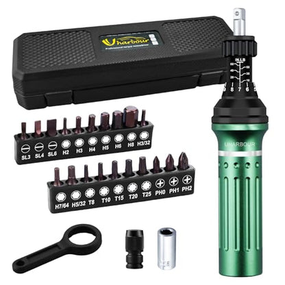 Torque Screwdriver 10-60 in.lb, Torque Screwdriver Set with 1/4" Elastic Bit Holder, 1/4" Bit Adapter, Flat, Hex, Torx and Philips Bits, Suitable for Gunsmithing, DIY, Bicycle Maintenance - size: 10-60 in-lb torque screwdriver set