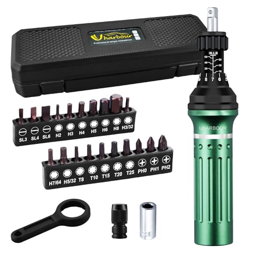Torque Screwdriver 10-60 in.lb, Torque Screwdriver Set with 1/4" Elastic Bit Holder, 1/4" Bit Adapter, Flat, Hex, Torx and Philips Bits, Suitable for Gunsmithing, DIY, Bicycle Maintenance - size: 10-60 in-lb torque screwdriver set