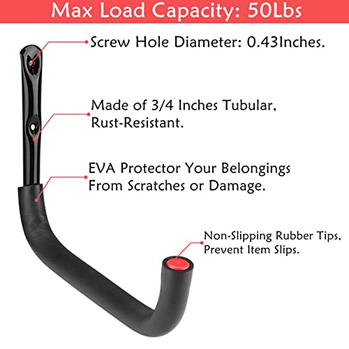 12.7 Inch Heavy Duty Large Tool Hanger, 4 Pack Wall Mounted Garage Storage Hooks, Indoor Black + Red 12.7Inches x 9.2Inches