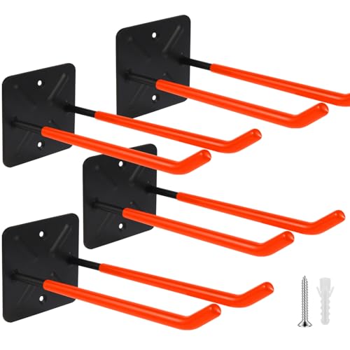 Steel Garage Storage Hooks Wall Tool Organizer, 14 Inch Garage Hook Heavy Duty Utility Storage Hangers Orange for Ladders, Chairs, Garden Tools, Set of 4 - color: Orange, size: 14 Inch