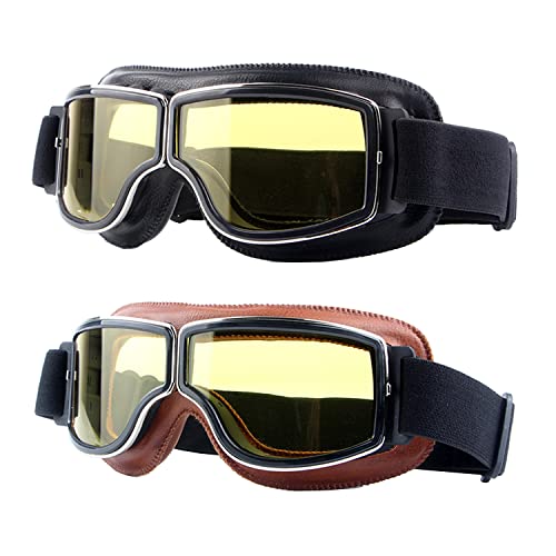 LJDJ Motorcycle Goggles,2 Pack Vintage Anti Fog Pilot PU Leather Glasses Dustproof ATV Off Road Motorbike Helmet Eyewear Protect for Ridding Motorcross Classes Aviator Goggles for Men Women Adult - color: Black+brown Frame/Yellow Lens