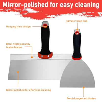 Drywall Hand Tool Kit, 7 Pieces Putty Knife Set with Mud Pan, Taping Knives, Flat Finishing Trowel, Multi-Functional Painter Scraper for Scraping Wallpaper and Drywall - size: Drywall Knife Set, 7pcs