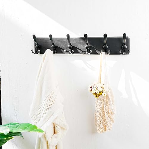 Dseap Coat Rack Wall Mounted - 24" Long 6 Tri Hooks, Heavy Duty Wooden Wall Coat Hanger Coat Hook for Clothes Hat Jacket Clothing, Black, Pack of 2 - color: Black, size: L=24"