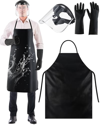 Safety Face Mask Shield with 42.5" Waterproof Rubber Apron Gloves for Men Chemical Grinding Cleaning Industrial - color: Black