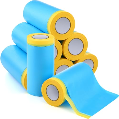 8 Roll Pre-Taped Masking Film for Painting 22'' / 43'' x 82' Plastic Sheeting Roll Automotive Painters Masking Tape Film Sheeting Cover for Walls Trim Appliance Furniture Windows(43'' X 82') - size: 43'' X 82'