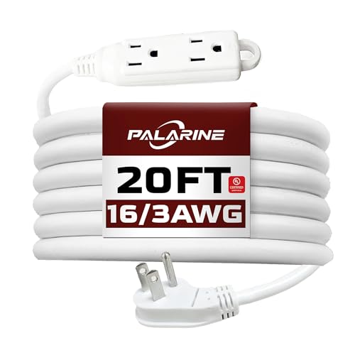 Indoor Extension Cord Power Strip 3 Outlets Flat Plug, UL Listed, 16 Gauge 20 ft White 3 Prong Heavy Duty, 16/3 SJTW 13A Outlet Extender - color: White, size: 20 FT