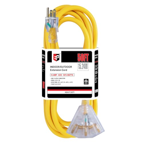 EP 50 Ft 12 Gauge Heavy Duty Extension Cord, 15A 125V 1875W, 3 Outlet Indoor/Outdoor Power Cord with Lighted End, 12/3 SJTW Weatherproof Yellow - color: Yellow, size: 50FT