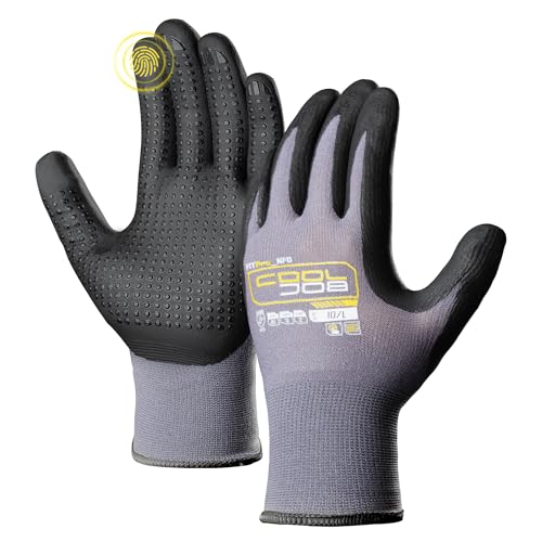 COOLJOB 36 Pairs Nitrile Rubber Dipped Safety Work Gloves with Grip Dots, Seamless Knit Nylon Gloves with 2 Fingers Touchscreen, Non-slip Coated for Warehouse, Home Improvement, Yard, Grey Large - size: Large, style: Smart Touch(36 Pairs)