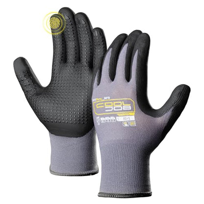 COOLJOB 36 Pairs Nitrile Rubber Dipped Safety Work Gloves with Grip Dots, Seamless Knit Nylon Gloves with 2 Fingers Touchscreen, Non-slip Coated for Warehouse, Home Improvement, Yard, Grey Large - size: Large, style: Smart Touch(36 Pairs)