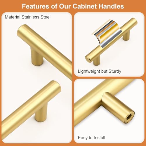 Probrico 5 Pack Hole Centers (64mm) 2-1/2inch Gold Kitchen Cabinet Handles Stainless Steel Polished Gold Cabinet Pulls Round T Bar Pull Handle for Cabinets and Drawers Total Length 4inch(100mm) - color: Gold, size: Hole Centers: 2-1/2"
