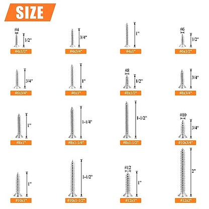 525 Pieces #4#6#8#10#12 Wood Screws Set, HELIFOUNER 16 Sizes Phillips Countersunk Head Self-Tapping Screws Assortment Kit, Phillips Flat Head Wood Screws, 304 Stainless Steel - size: #4#6#8#10#12