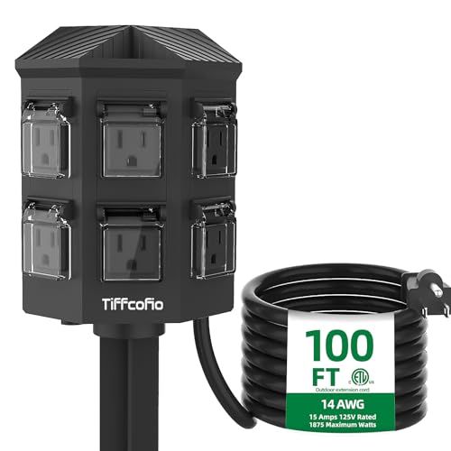 Outdoor Power Strip Weatherproof, 100 FT Extension Cord with Power Stake, 6 Grounded Outlets for Outdoor Lights, 15A/1875W, ETL Listed - size: 100 FT