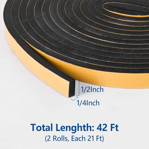 Kikerike Self Adhesive Foam Tape Weatherstrip 1/2In x 1/4In x 42Ft High Density Foam Insulation Strips Seal Weather Stripping with Strong Adhesive for Door and Window Sound Isolation Soundproofing - size: 1/2in X 1/4in X 42ft