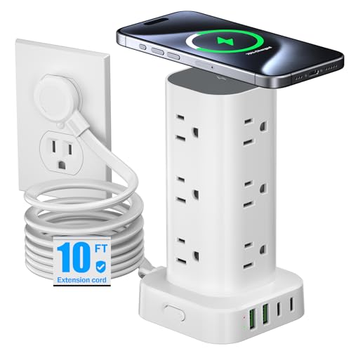 Tower Power Strip with 15W Wireless Charger, 10FT Flat Plug Extension Cord with Multiple Outlets, 12 AC Outlets, 4 USB Ports (2 USB C) Charging Station Surge Protector for Office Home Dorm Room(White) - color: White, size: 10ft With Wireless Charging