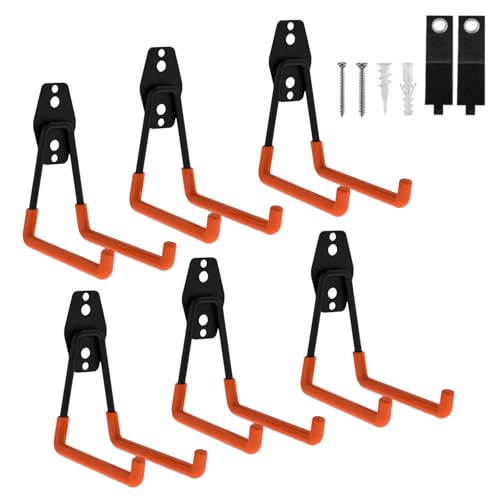 Garage Hooks Heavy Duty, 6 Pack Medium Square Steel Garage Storage Hooks with Anti-Slip Coating, Multi-Purpose Ladder Hooks for Hanging Garden Tools, Hoses, Bikes and Folding Chairs (Orange) - color: Orange, size: 6pack-Medium Square