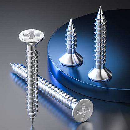 Wensilon (135Pcs) 304 Stainless Steel Wood Screw Quick Metal Self Tapping Flat Head with Drywall Plastic Anchors kit - size: SS304 Flat Head Wood Screws