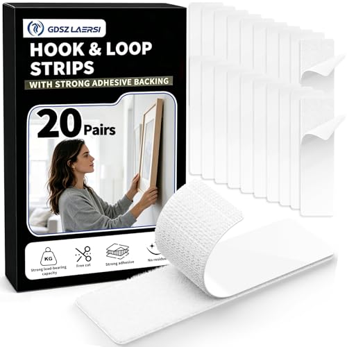20 Sets Double Sided Tape Heavy Duty White Hook and Loop Tape, 1x4Inch Adhesive Strips – Secure Mounting for Rug Poster Artwork Mirror Hanging Couch Cushion Wall, Indoor & Outdoor Use - color: white, size: 1in X 4inX20
