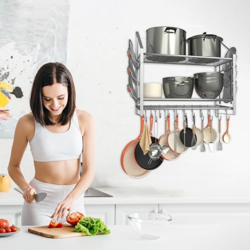 VyGrow 28 Inch Pot Rack Wall Mounted, 2 Tier Pots and Pans Organizer with 20 Hooks and 6 Pot Lid Holders, Heavy Duty Steel Pot and Pan Hanger for Kitchen Cookware Utensils Storage, Silver - color: 28"W 2 Tier Silver
