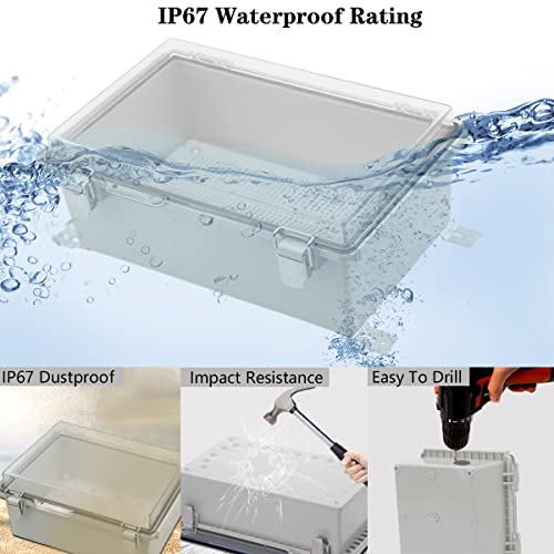 Zulkit Junction Box,IP67 Waterproof Electrical Box Hinged Clear Cover Stainless Steel Buckle Plastic Enclosure for Project w Mounting Plate Wall Bracket and 2 Cable Gland 10.2 x 6.3 x 3.9 Inch - color: Clear Cover, size: 10.2" x 6.3" x 3.9"