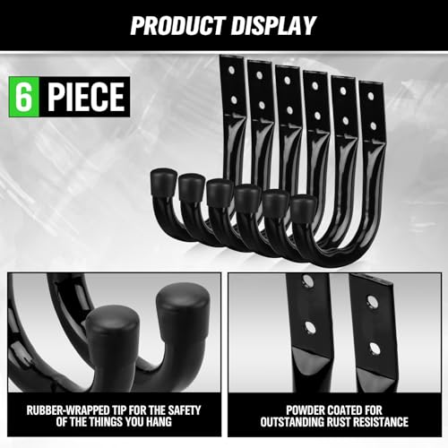 Heavy Duty Garage Storage Hooks, 6-piece Bike Hooks for Garage Wall, Utility Garage Hooks, Wall Mount J Hook for Hanging, Large Metal Storage Organizer Tool, Extension Cord Hanger - style: 6-Piece Black