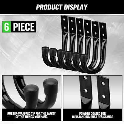 Heavy Duty Garage Storage Hooks, 6-piece Bike Hooks for Garage Wall, Utility Garage Hooks, Wall Mount J Hook for Hanging, Large Metal Storage Organizer Tool, Extension Cord Hanger - style: 6-Piece Black