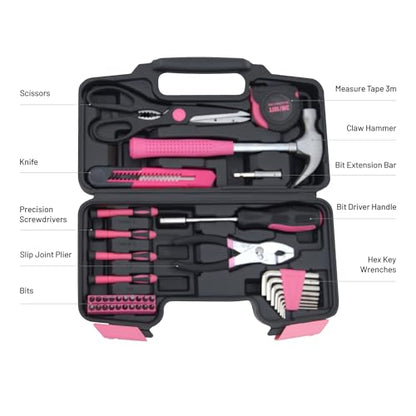 39-Piece Household Tools Kit - Portable and Essential Repair Set Ideal for Women, College Students, Home Use & More (39p-Pink) - color: Pink
