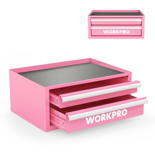 WORKPRO 12.5" Mini Tool Box with 2 Drawers & 1 Open Top Storage, Small Metal Tool Chest with PVC Liners & PP Feet Pads, Cold Rolled Steel Toolbox with Drawer Liners & Magnetic Tabs - Pink Ribbon - color: Pink