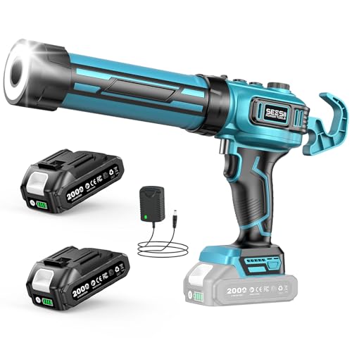 SEESII Electric Caulk Gun, Cordless Caulking gun w/2 x 2.0Ah Batteries, Battery Power Caulking Gun with Brushless Motor & LED Light, Filling and Sealing for Doors Floors Walls Window, 10 Oz - color: Brushless-sky Blue