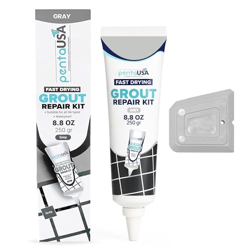 PentaUSA Tile Grout Repair Kit - Premixed Acrylic Sanded Grout for Bathroom, Shower & Kitchen, Water-Resistant Tube with Applicator, Fills Cracks and Gaps in Lines - Gray (8.8oz/250gr) - color: Gray