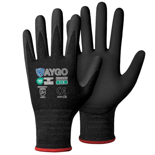 KAYGO Safety Work Gloves MicroFoam Nitrile Coated, 3 Pairs KG18NB,Seamless Knit Nylon Glove with full fingers Touchscreen, Ideal for Automotive,Warehouse,Construction (S, Black) - color: Black, size: Small