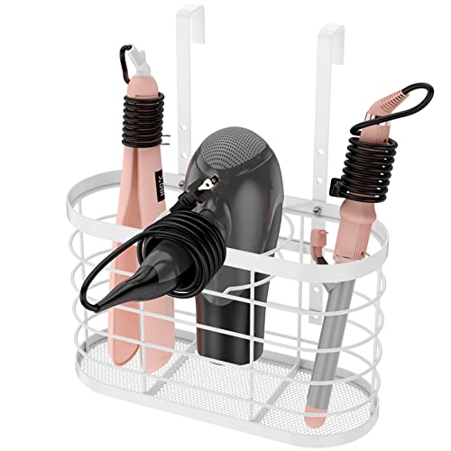 Hair Dryer Holder 3 in 1 Hair Tool Organizer Djustable Height Wall Mounted/Cabinet Door Bathroom Organizer Under Sink for Flat Irons, Curling Wands, Hair Straighteners - color: White
