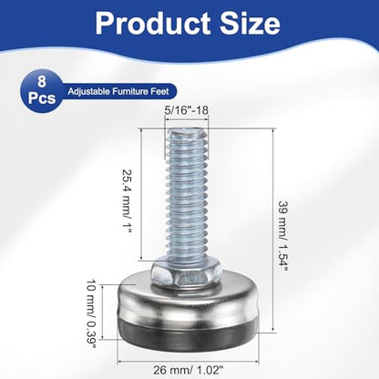 uxcell 5/16"-18 Thread Furniture Feet Levelers, 8Pcs 25.4x26mm LxW Adjustable Furniture Feet Screw in Threaded Leveling Leg Screw on Chair Foot Glides Leveling for Table Chair Silver - color: Silver, size: 5/16"-18 25.4x26mm