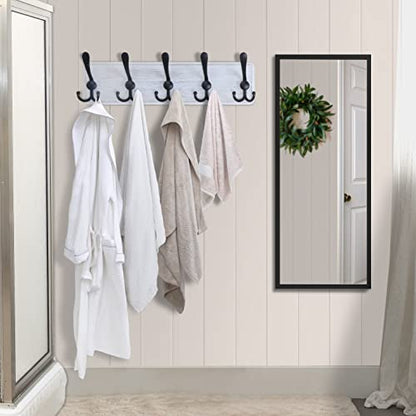 Dseap Coat Rack Wall Mounted - 5 Tri Hooks, Heavy Duty, Wooden Wall Coat Hanger Coat Hook for Clothes Hat Jacket Clothing, White & Black, Pack of 2 - color: White & Black, size: L=17.4"