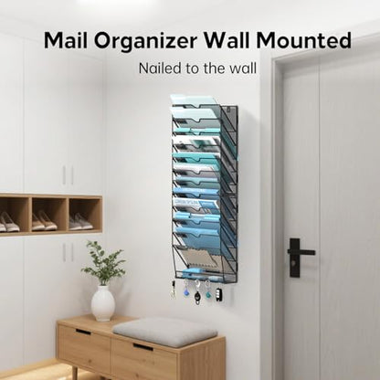 13 Tier Wall File Organizer - Hanging File Organizer with 5 Hooks, Mail Holder Wall Mounted for Papers, Folders, Magazines, Bills, Office&School Organization, Black - size: 13 Tier-Black