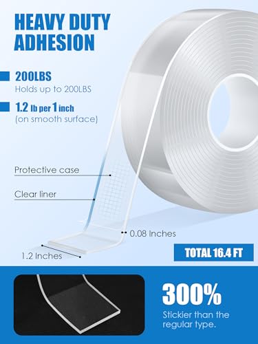 Double Sided Tape Heavy Duty, Transparent Magic Nano Tape, Multipurpose Removable Adhesive Grip Mounting Tape Washable for Carpet, Wall Decor, Hanging Picture, DIY Projects - size: 16.4FT*1.18 IN