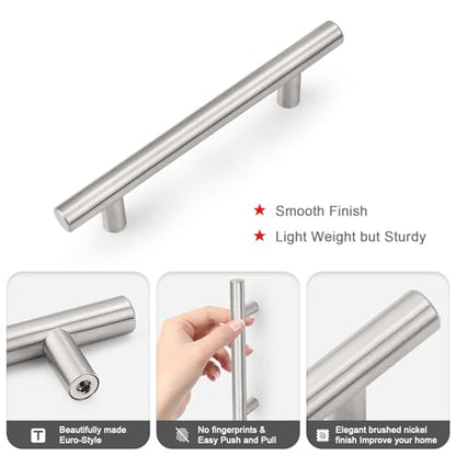 Probrico 5 Pack Hole Centers (96mm) 3-3/4inch Brushed Nickel Cabinet Pulls Stainless Steel Kitchen Drawer Handles Euro Style T Bar Dresser Pull Handle Length 150mm(6inch) - color: Brushed Nickel, size: Hole Centers: 3-3/4"