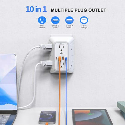 2 Pack Outlet Extender Surge Protector, 6 Outlet Splitter with 4 USB Outlet (2 USB A,2 USB C), 3Sided Power Strip with Adapter Spaced Outlets for Home, Office, Travel(White) - color: White 2PCS
