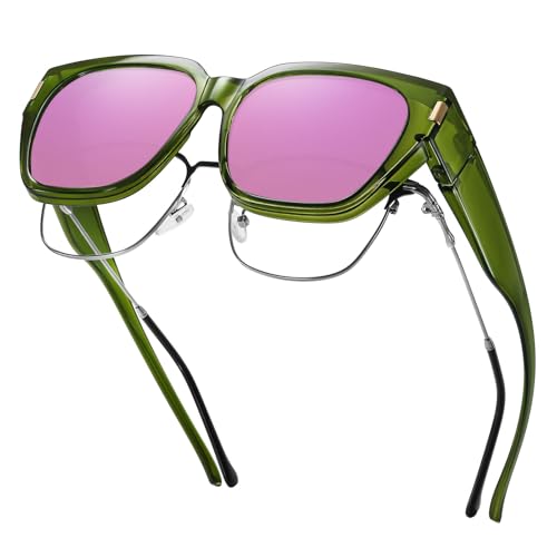 HAOLOTA Polarized Fit Over Glasses Sunglasses for Women Men Trendy Square Wrap Around Shades UV Protection - color: L Size 20 Clear Green/Pink