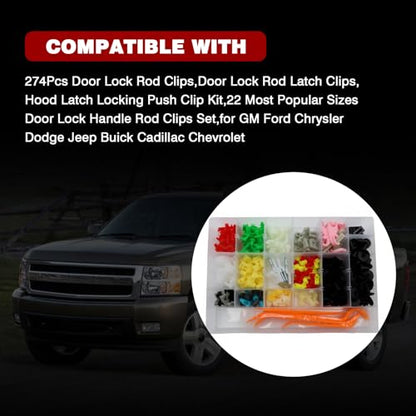 274Pcs Door Lock Rod Clips,Door Lock Rod Latch Clips,Hood Latch Locking Push Clip Kit,22 Most Popular Sizes Door Lock Handle Rod Clips Set,for GM Ford Chrysler Dodge Jeep Buick Cadillac Chevrolet
