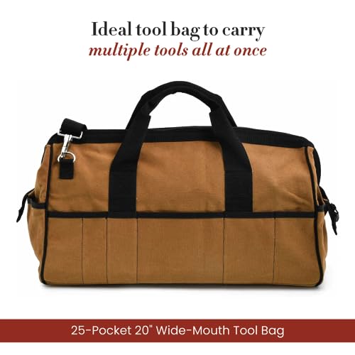 Style n Craft Mason's Tool Bag, Canvas Tool Storage Bag with Full-Grain Leather Bottom - style: 25 Pkt 20" Wide Mouth Tool Bag - Waterproof Canvas