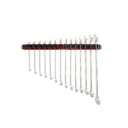 Olsa Tools Wall-Mounted Wrench Rack - Red Anodized Aluminum Rail with Black Clips - Stores 14 SAE or Metric Wrenches Securely - Professional Organizer - Part: 1028 - style: Red Aluminum + Black Clips
