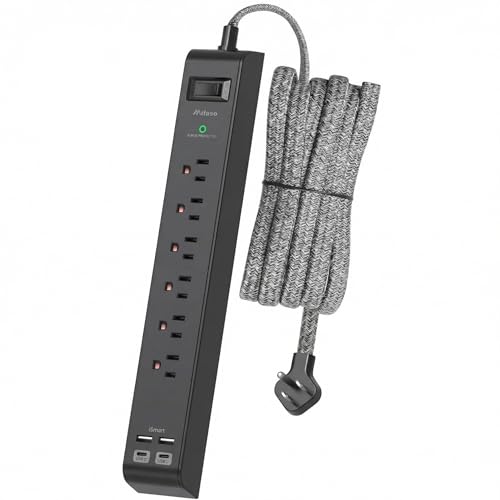 Surge Protector Power Strip 10FT, 10-in-1 with 6 AC Outlets 4 USB Ports(2 USB-C), Ultra Flat Plug Braided Extension Cord, Wall Mountable, 1080J Surge Protection, ETL Listed, Black - color: Black, size: 10FT