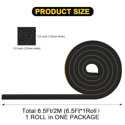 Foam Tape Weather Stripping, 1/2 in x 1/2 in x 6.5Ft Black Self Adhesive Weather Strips, Tool-Free for Tiny Local Medium Gap Sealing - color: Black, size: 1/2 In x 1/2 In x 6.5Ft