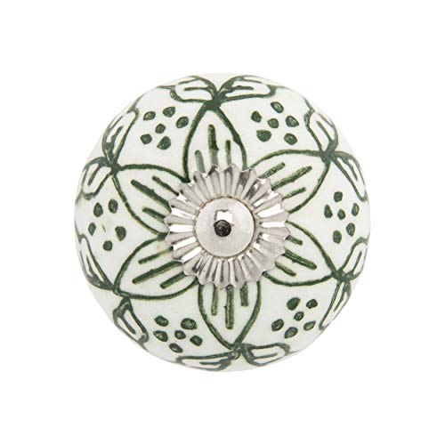 Ceramic Knobs Set of 12 - “Chambal Gardens” Furniture Knobs w/ Reversible Metal Knob Backplate - Handmade Cabinet Handles for Kitchen or Wardrobe - Decorative Knob for Cabinets and Drawers - color: Olive / White