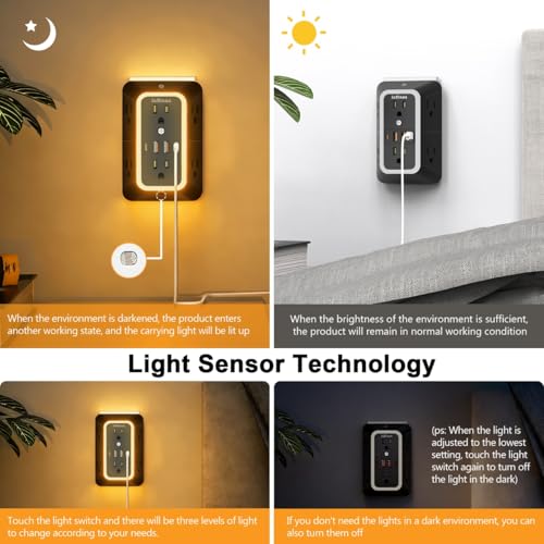 Wall Outlet Extender with Night Light, Power Plug Adapter 6 Outlet Extender with 4 USB Charging Ports（2 USB C）,1050J Power Strip Multi Plug Adapter Spaced for Home Office Travel-Black - color: Black-1Pcs