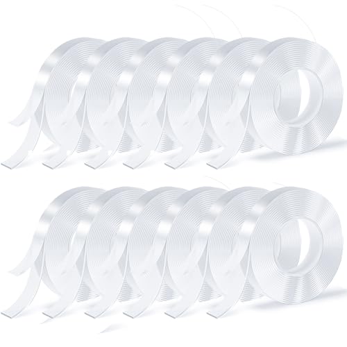 12 Rolls Double Sided Tape, Nano Tape, Transparent Adhesive Tape, Traceless Adhesive Tape, Removable, Washable, Reusable, Suitable for Carpets, Photo Walls, 9.85 Feet Per Roll - size: 9.85 Feet Set of 12